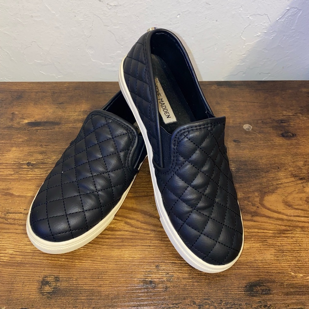 Steve Madden Quilted Black Slip-On Sneakers with White Soles